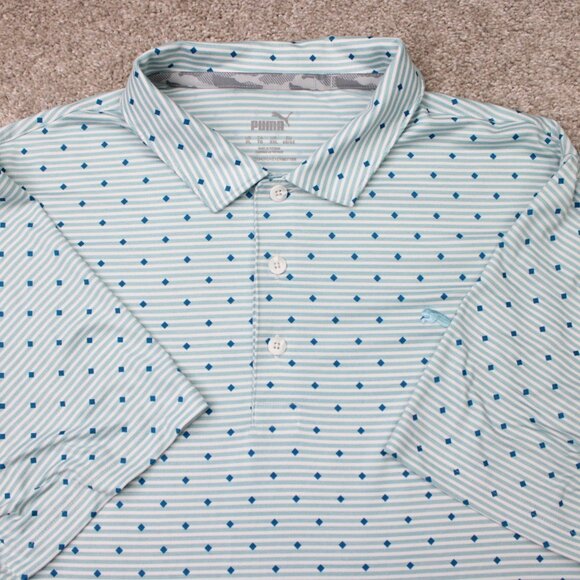 Puma Polo Shirt Mens XL Blue Geometric Stretch Golf Short Sleeve Pullover - Picture 1 of 12